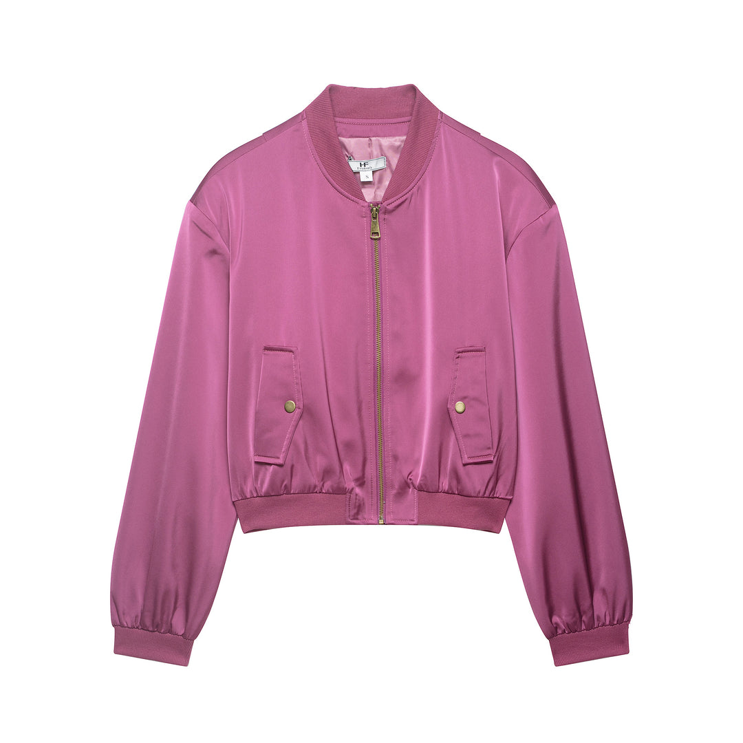 Damen gekürzte Satin-Bomberjacke mit Rippsaum und aufgesetzten Pattentaschen Shop Nory