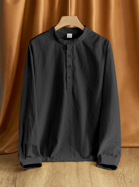 Herren Leinen-Mix Langarmshirt Henley mit Stehkragen Shop Nory