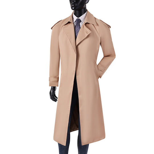 Herren eleganter knie- bis wadenlanger Trenchcoat mit verdeckter Knopfleiste und Schulterklappen Shop Nory