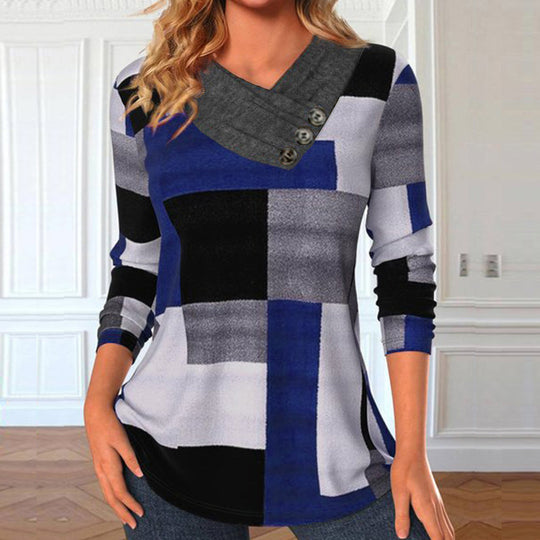 Damen Longsleeve-Tunika mit geometrischem Colorblock und asymmetrischem Knopf-V-Ausschnitt Shop Nory