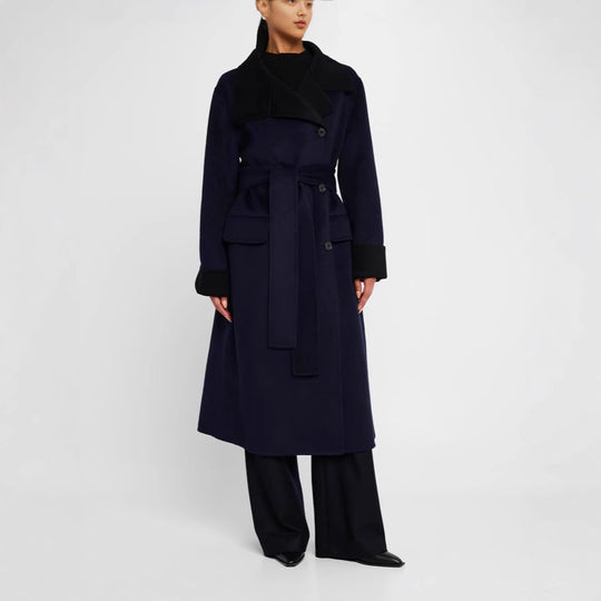 Damen Taillierter Wollmix-Mantel mit Bindegürtel, kontrastiertem Revers und Pattentaschen Shop Nory