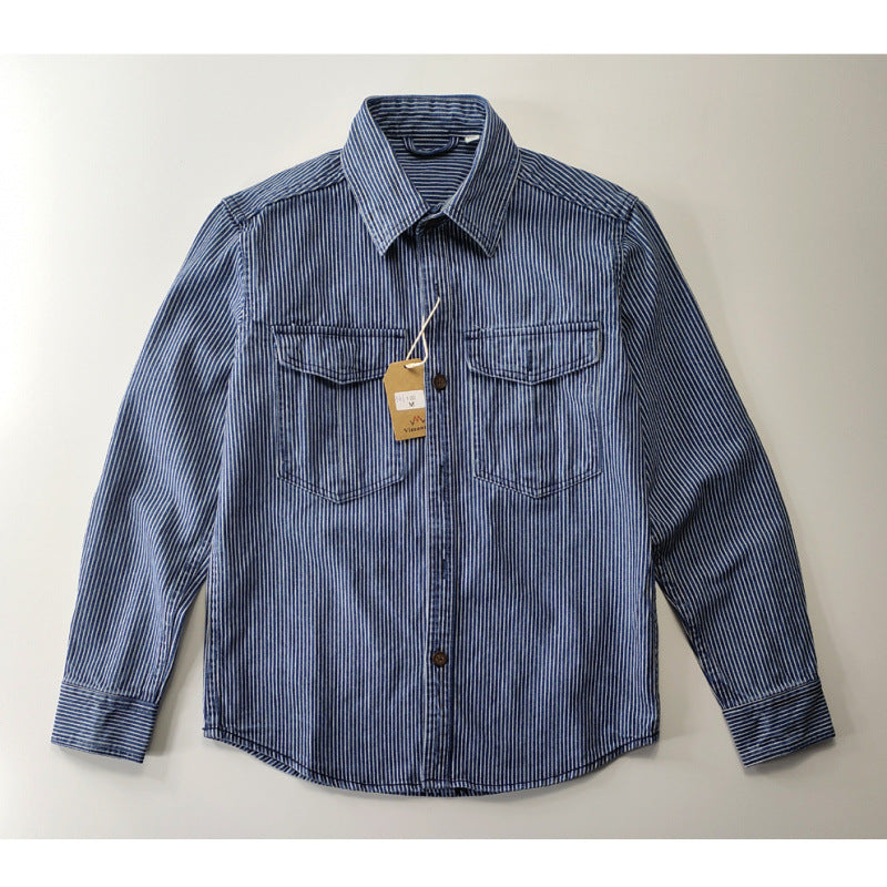 Herren Leichte gestreifte Denim-Worker-Hemdjacke mit aufgesetzten Pattentaschen Shop Nory