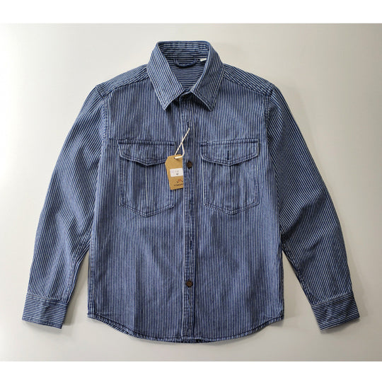 Herren Leichte gestreifte Denim-Worker-Hemdjacke mit aufgesetzten Pattentaschen Shop Nory