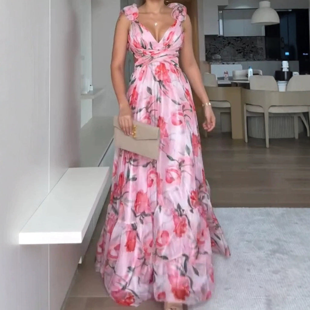 Damen Maxi-Kleid mit floralen Rüschen und schwingendem Design