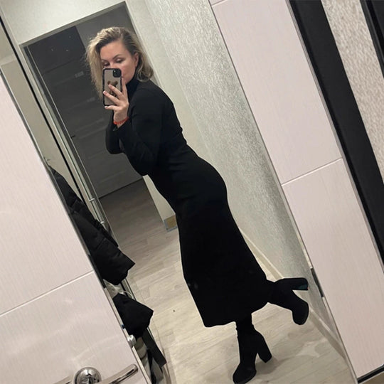 Damen Figurbetontes Rollkragen-Maxikleid aus Feinstrick mit schmaler Silhouette Shop Nory