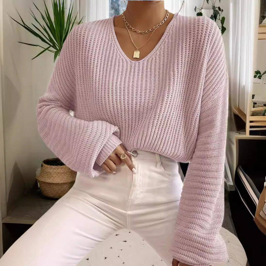 Damen V-Pullover mit weiten Ärmeln und strukturiertem Strickmuster