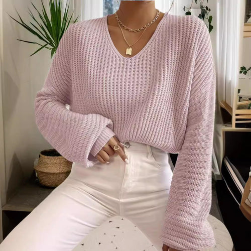 Damen V-Pullover mit weiten Ärmeln und strukturiertem Strickmuster