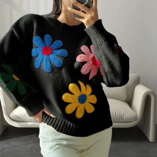 Damen Boxy-Strickpullover mit bunten 3D-Blumenapplikationen Shop Nory