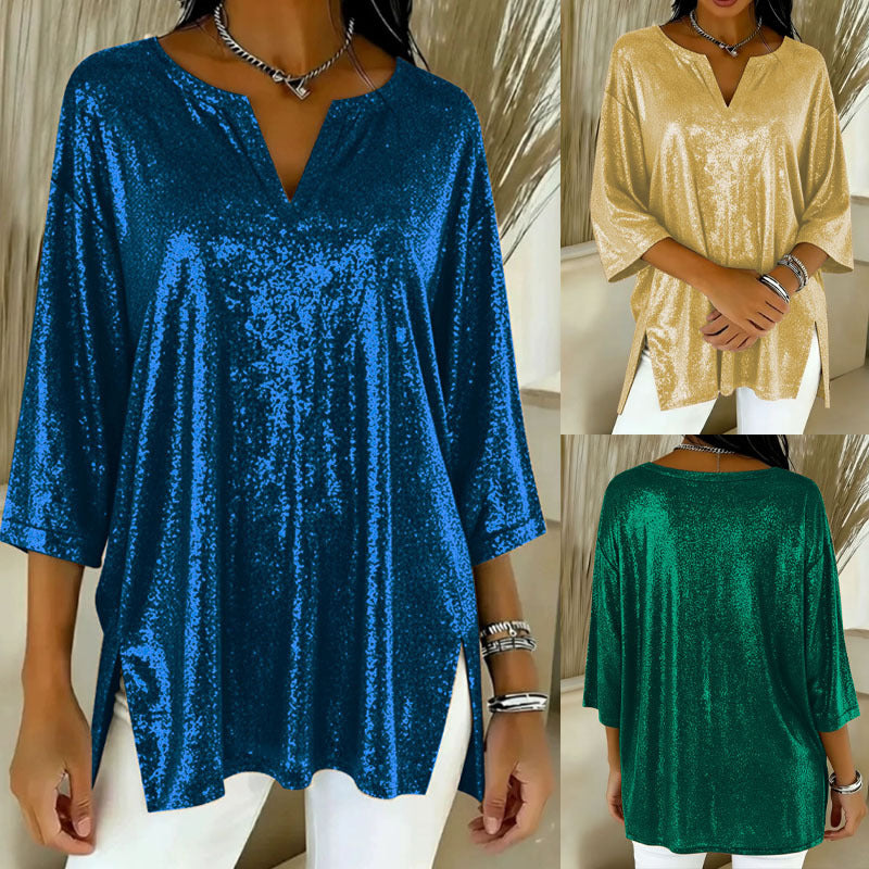 Damen Glitzernde Tunika-Bluse mit V‑Ausschnitt, Fledermausärmeln und Seitenschlitzen Shop Nory