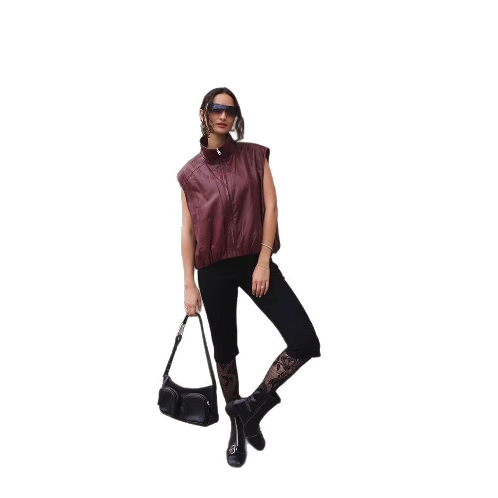 Damen Ärmellose Lederweste mit hohem Stehkragen, kurzem Boxy-Cut und Frontreißverschluss Shop Nory