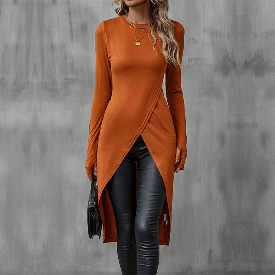 Damen asymmetrisches Longshirt mit überlappendem Frontschlitz und taillierter Silhouette Shop Nory