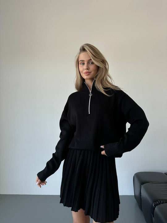 Damen gemütliches Strick-Set mit Reißverschluss-Pullover und plissiertem Rock Shop Nory