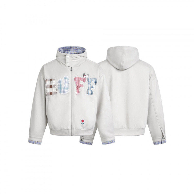 Herren Kapuzen-Fleecejacke mit kariert gefüttertem Kragen und gesteppten Schriftapplikationen Shop Nory