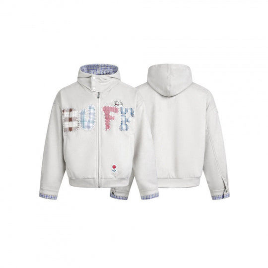 Herren Kapuzen-Fleecejacke mit kariert gefüttertem Kragen und gesteppten Schriftapplikationen Shop Nory
