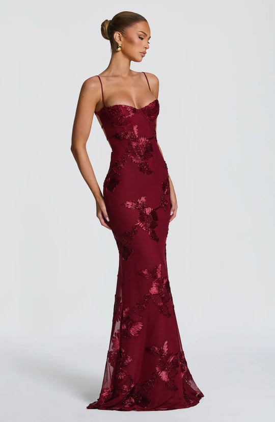 Damen figurbetontes Abendkleid mit floralem Stickdesign und hochwertigem Stoff