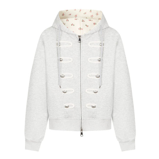 Damen Kapuzen-Sweatjacke mit dekorativen Schlaufen und Metallknopf-Details Shop Nory