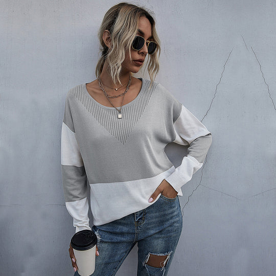 Damen Lässiger Strickpullover mit V-Ausschnitt und Farbblock Shop Nory
