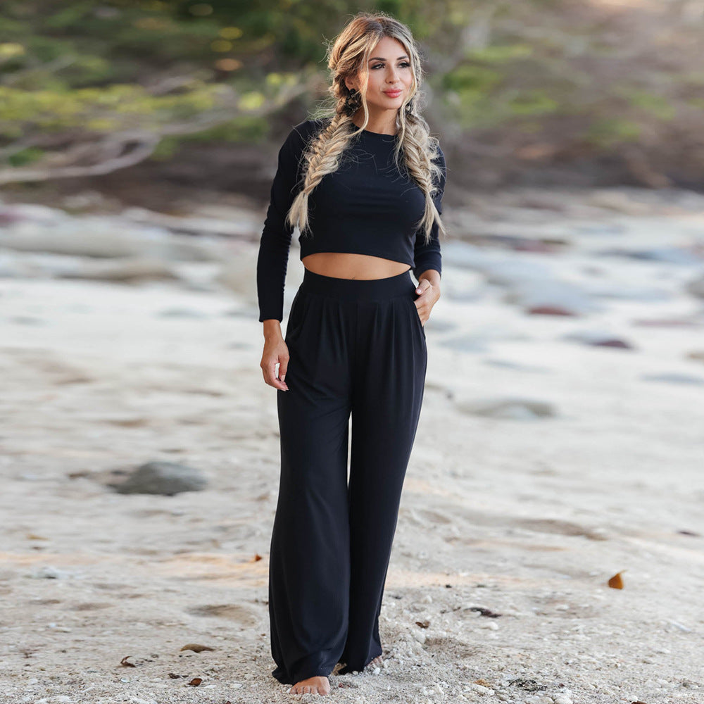 Damen Langarm Cropped Pullover und Hochbund Weite Hose Lounge Set Shop Nory