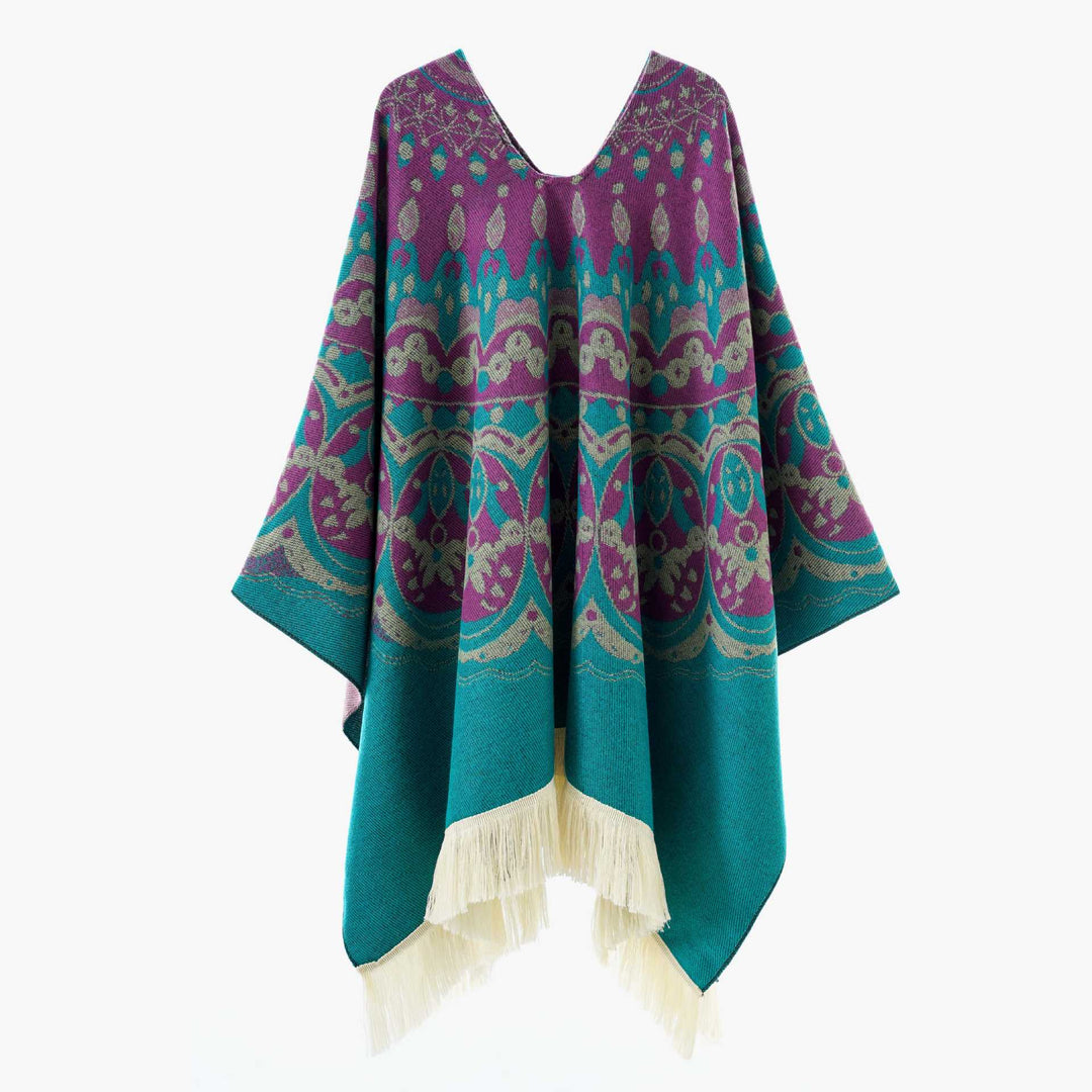 Damen Gewebter Jacquard-Poncho mit V-Ausschnitt, Ethno‑Print und Fransen Shop Nory