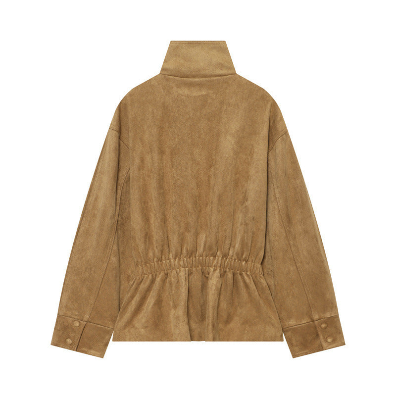 Damen Kurzjacke im Boxy-Cut aus Velourslederoptik mit hohem Stehkragen und Bindegürtel Shop Nory