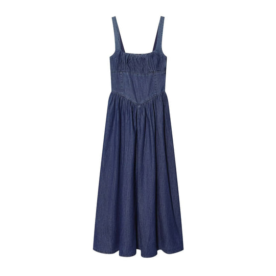 Damen Denim Maxikleid mit schwingendem Rock und verstellbaren Trägern
