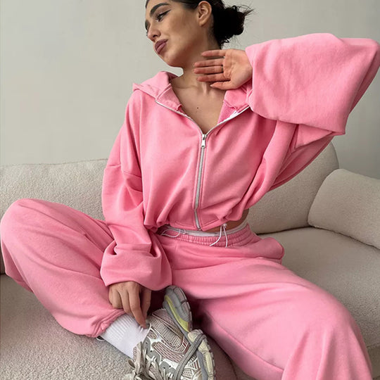 Damen kurzes Kapuzenzipper-Lounge-Set mit oversized Ärmeln und weitem Jogginghose-Schnitt Shop Nory