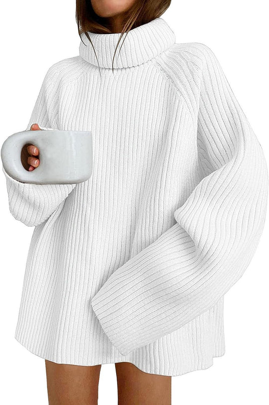 Damen Oversize Pulloverkleid aus Rippstrick mit hohem Rollkragen und voluminösen Ärmeln Shop Nory
