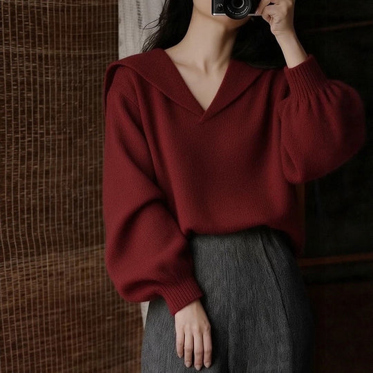 Damen Modischer Pullover mit tiefem V-Ausschnitt und weit geschnittenen Ärmeln Shop Nory