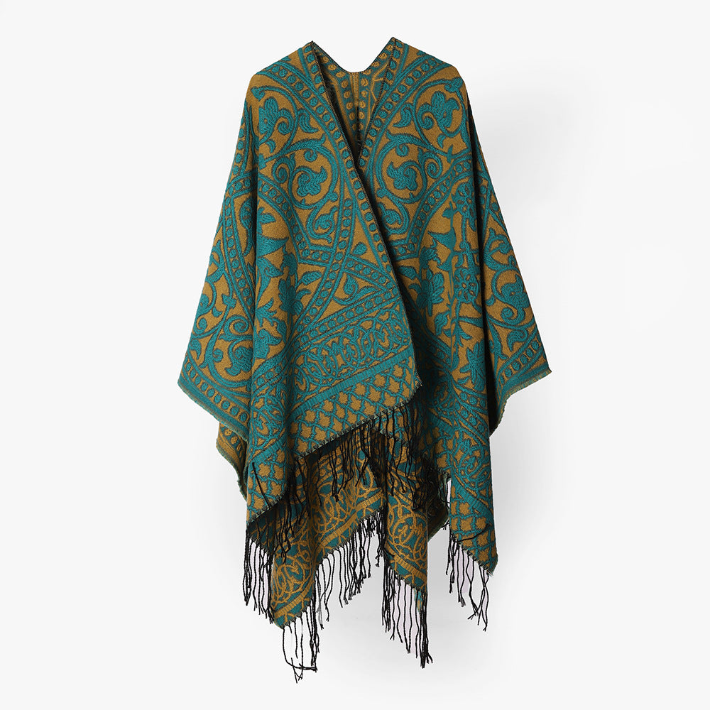 Damen Grobgewebter Rechteck‑Poncho mit orientalischem Medaillon‑Jacquard und dekorativem Fransensaum Shop Nory