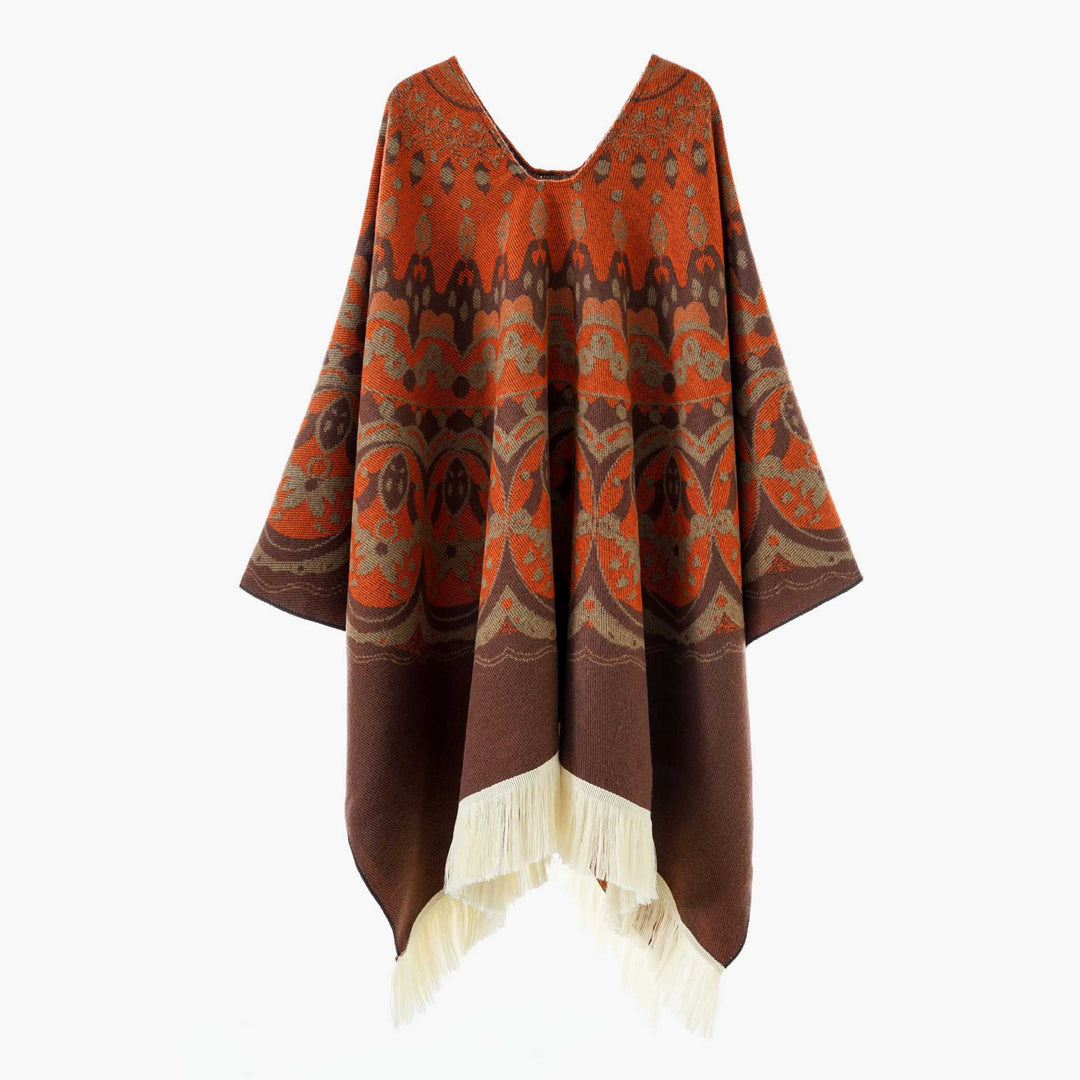 Damen Gewebter Jacquard-Poncho mit V-Ausschnitt, Ethno‑Print und Fransen Shop Nory