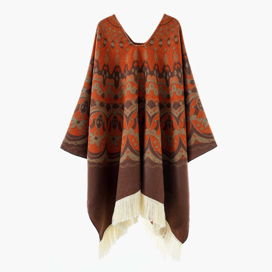 Damen Gewebter Jacquard-Poncho mit V-Ausschnitt, Ethno‑Print und Fransen Shop Nory