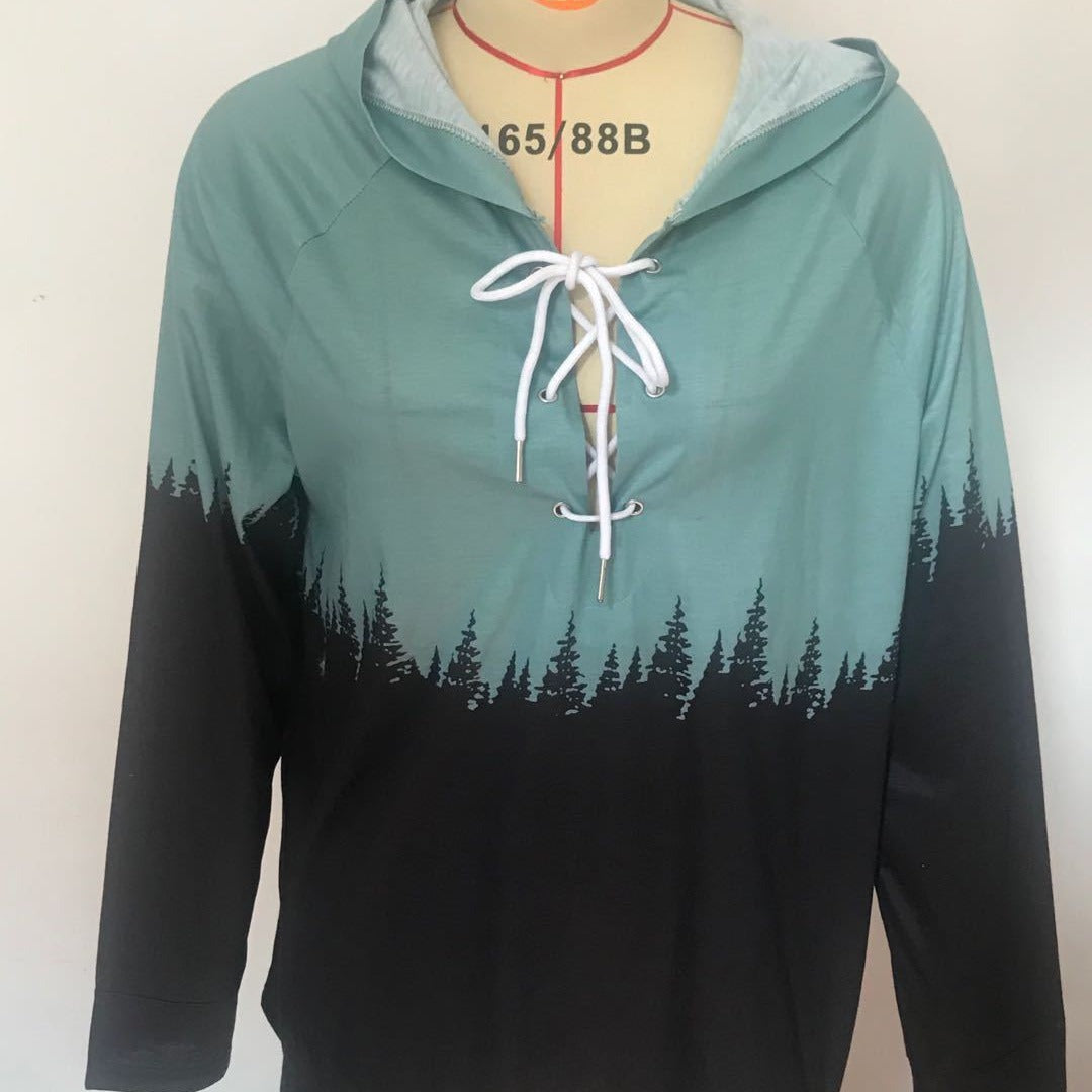 Damen Kapuzenpullover mit Waldprint, Schnürdetail und Raglanärmeln Shop Nory