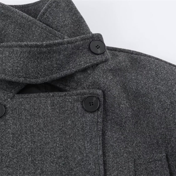 Herren Kurzer doppeltreihiger Wollmantel mit Stehkragen und Taillengürtel Shop Nory