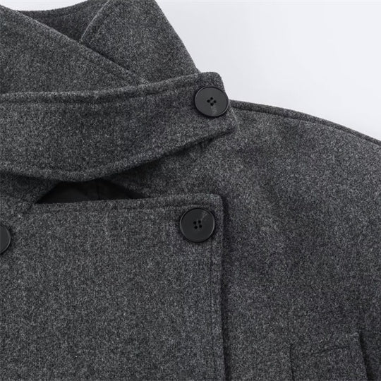 Herren Kurzer doppeltreihiger Wollmantel mit Stehkragen und Taillengürtel Shop Nory