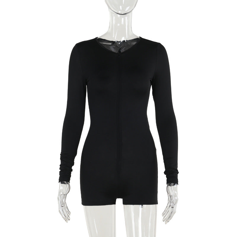 Damen Figurbetonter Langarm-Bodyplaysuit mit Frontreißverschluss und kurzer Shorts-Silhouette Shop Nory