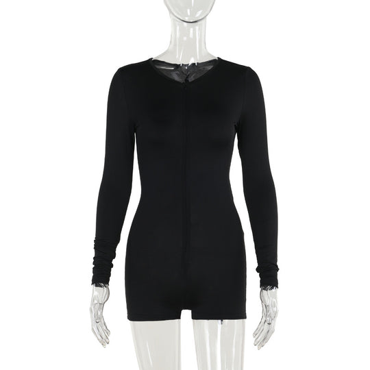 Damen Figurbetonter Langarm-Bodyplaysuit mit Frontreißverschluss und kurzer Shorts-Silhouette Shop Nory