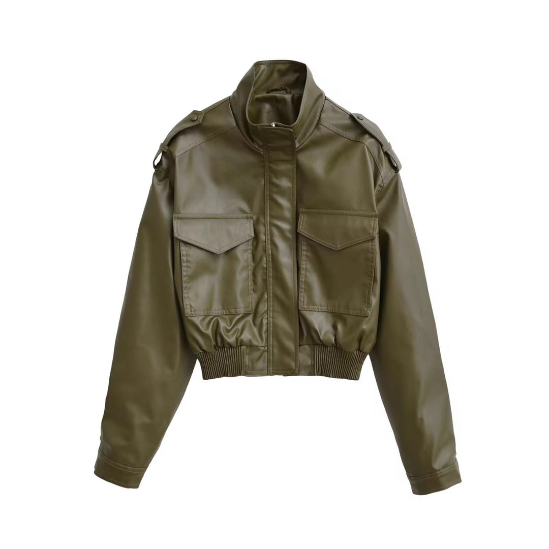 Damen Kurze PU-Leder-Bomberjacke mit hohem Stehkragen, Pattentaschen und Schulterklappen Shop Nory