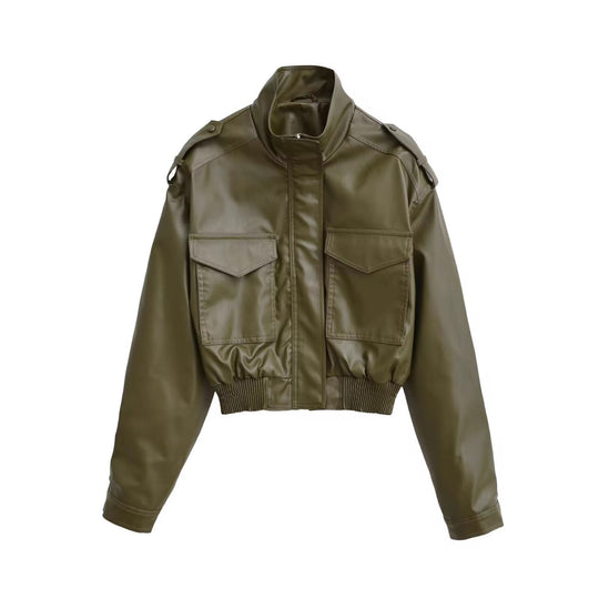 Damen Kurze PU-Leder-Bomberjacke mit hohem Stehkragen, Pattentaschen und Schulterklappen Shop Nory