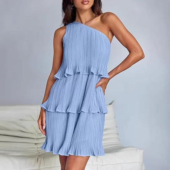 Damen Ärmelloses plissiertes Stufenkleid mit asymmetrischer Schulterpartie Shop Nory