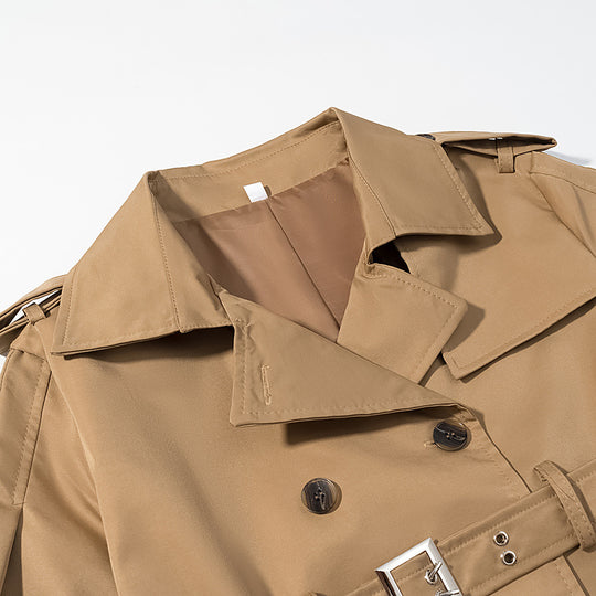 Damen Langer doppelreihiger Trenchcoat mit tailliertem Doppelgürtel, Ballonärmeln und Epauletten Shop Nory