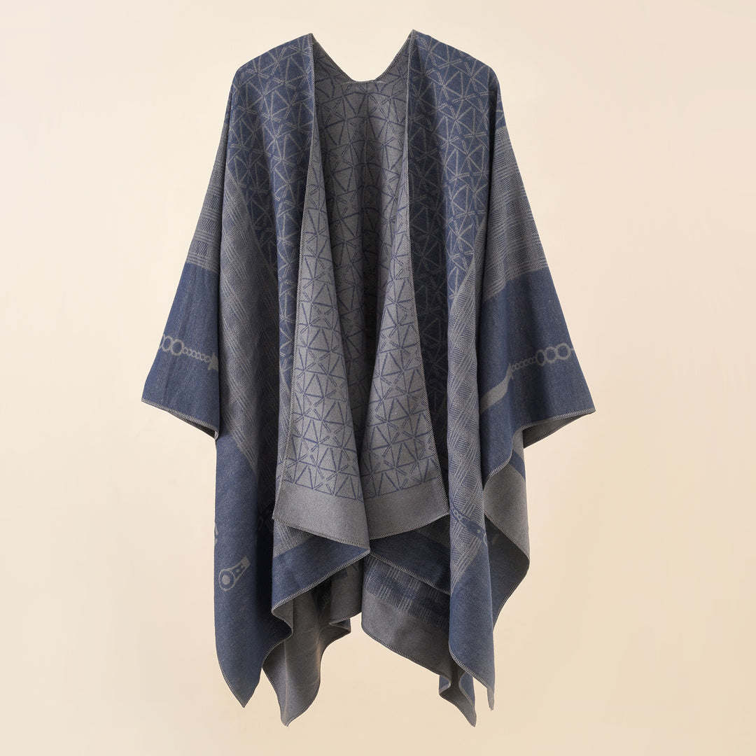 Damen Geometrisches Jacquard-Ruana-Cape aus Wollmix mit offener Kimono-Silhouette Shop Nory