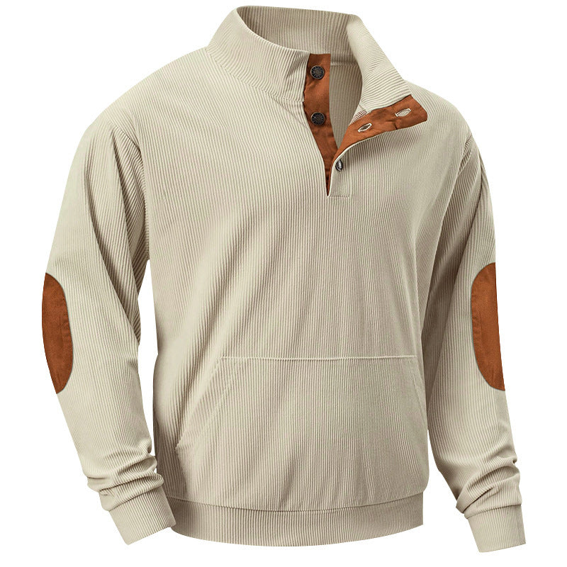 Herren Strukturiertes Ripp-Henley-Sweatshirt mit Stehkragen, Kängurutasche & Velours-Ellbogenpatches Shop Nory