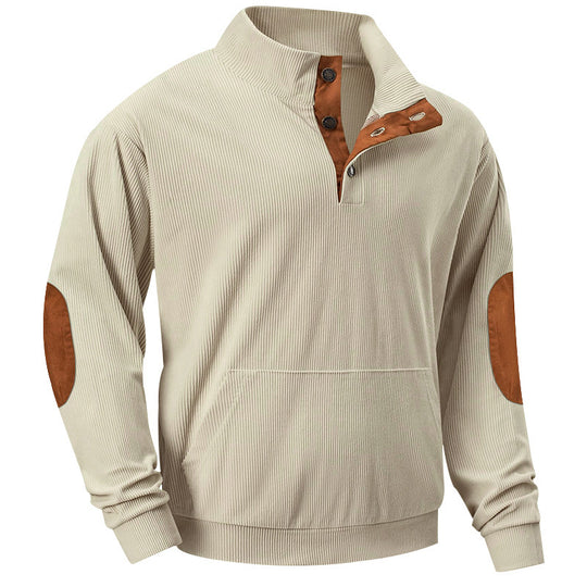 Herren Strukturiertes Ripp-Henley-Sweatshirt mit Stehkragen, Kängurutasche & Velours-Ellbogenpatches Shop Nory
