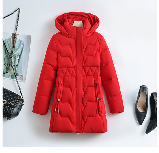 Damen nan mittellanger Steppmantel mit Kapuze, taillierendem Kordelzug und geometrischer Ziersteppung Shop Nory