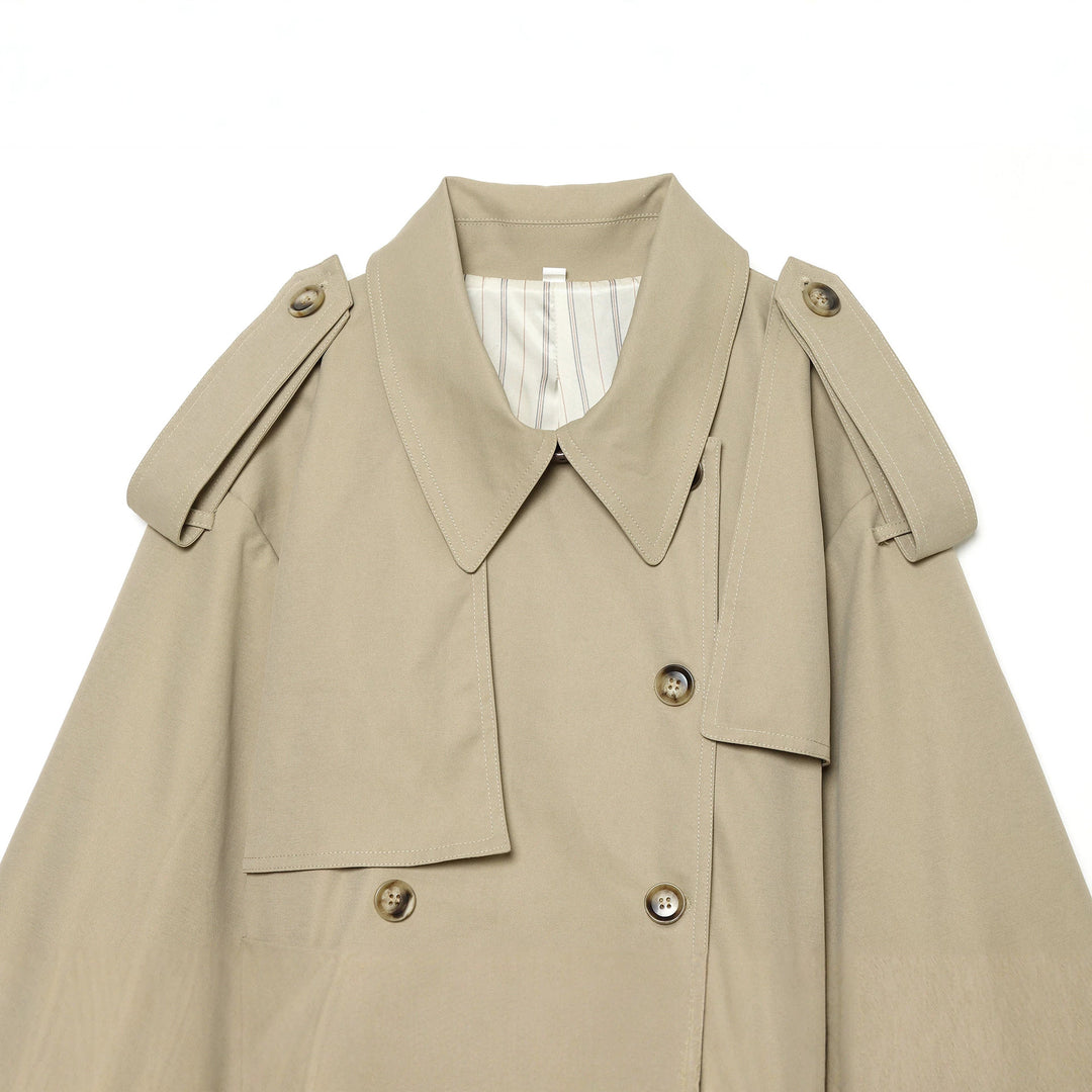 Damen Kurz-Cape-Trench mit Doppelreihe, Schulterklappen und Taillengürtel Shop Nory
