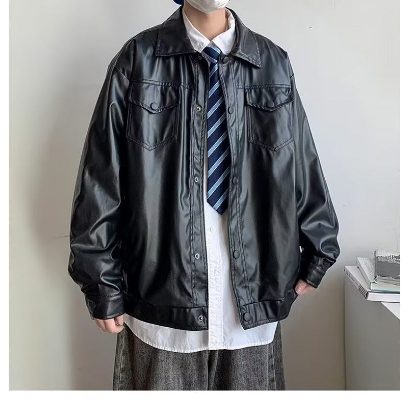 Herren Oversized Kunstleder-Hemdenjacke im Boxy-Look mit Pattentaschen und Druckknopfleiste Shop Nory