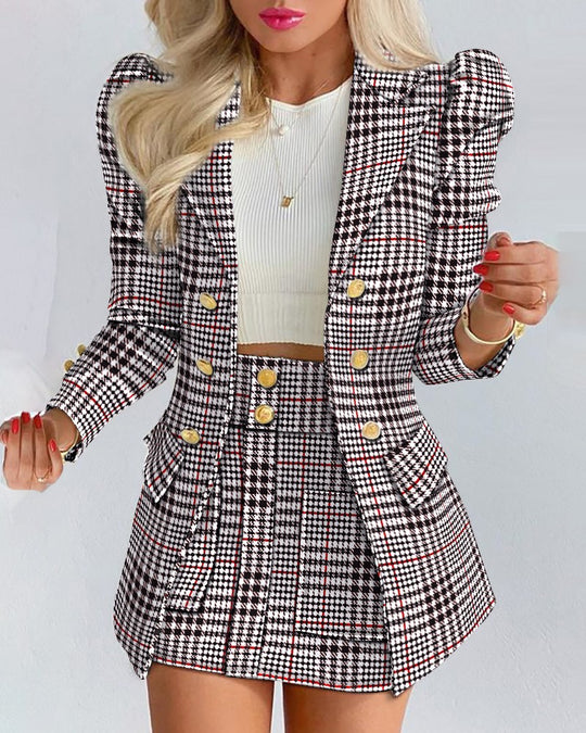 Damen Zweiteiliges karriertes Blazer- und Minirock-Set mit betonten Puffärmeln und goldenen Knöpfen Shop Nory