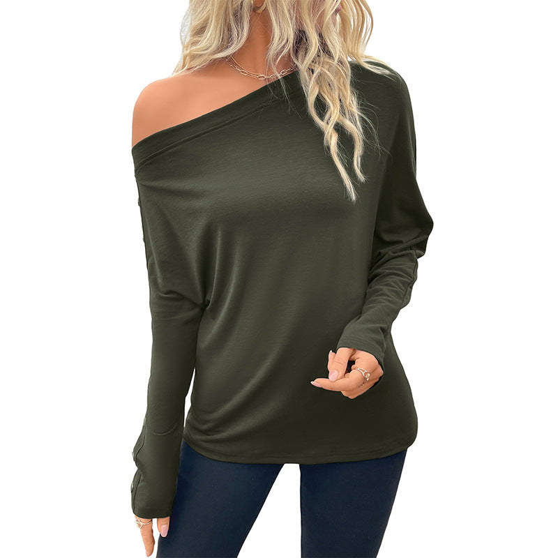 Damen Oversized schulterfreies Langarmshirt mit Fledermausärmeln und Knopfmanschetten Shop Nory