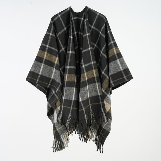 Damen Weicher Wollmix-Überwurfponcho im tartan-inspirierten Karo mit Fransen Shop Nory