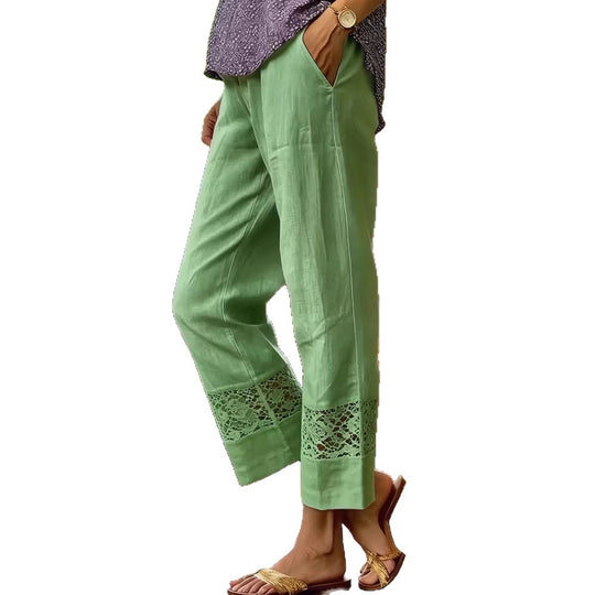 Damen Leinenoptik Culotte-Hose mit Spitzeinsatz am Saum und seitlichen Eingrifftaschen Shop Nory